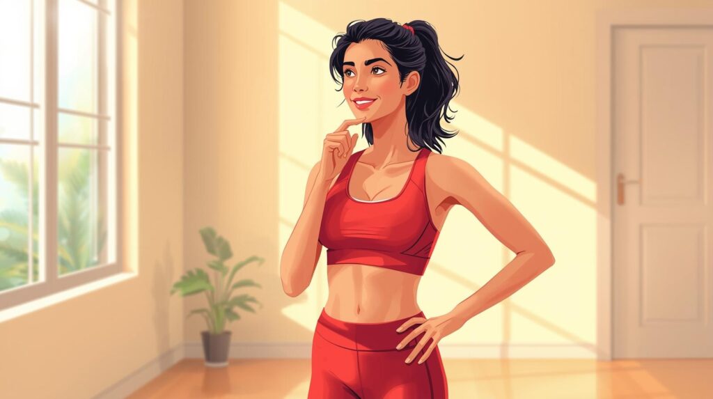 Mother practicing a beginner postpartum workout plan in her living room