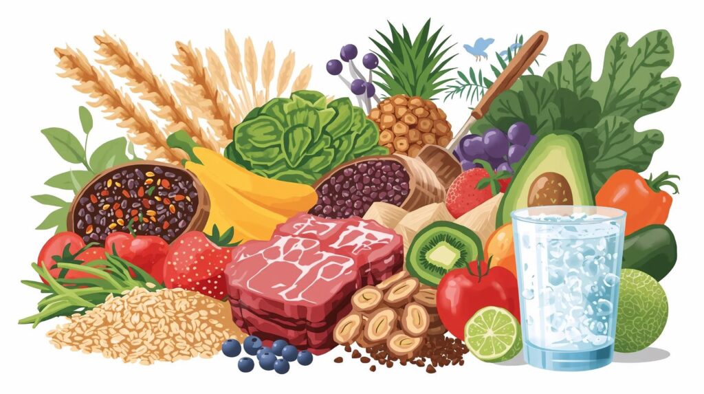 Balanced postpartum diet plan with protein, fruits, and whole grains