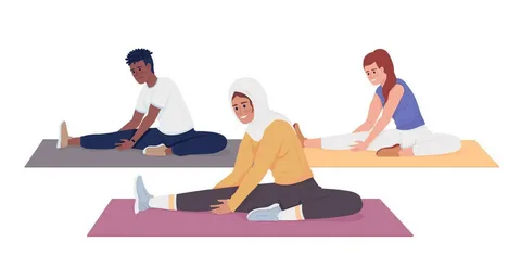 New moms doing gentle stretching exercises on a yoga mat at home