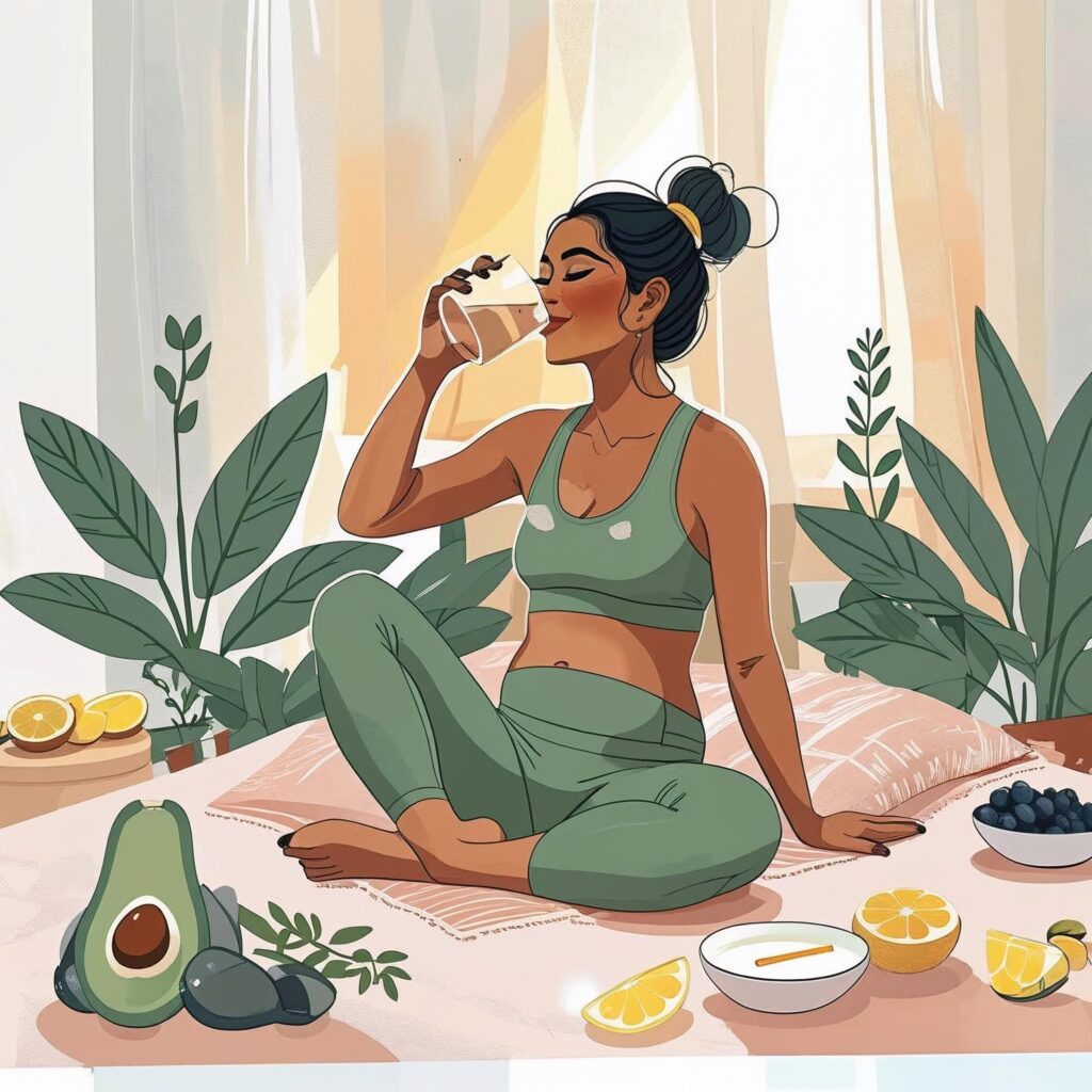 Woman drinking water and eating a healthy breakfast as part of her morning routine