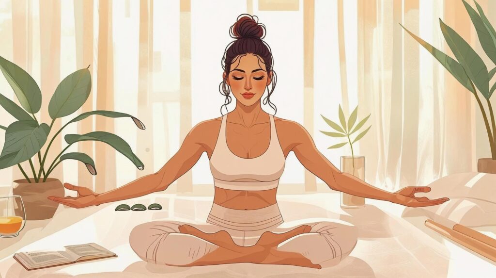 Women following a daily wellness routine with stretching and mindfulness