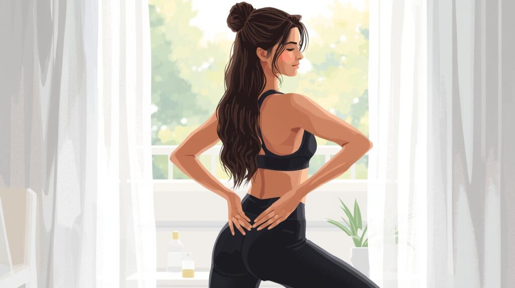 woman gently holding the back of her left thigh with both hands.