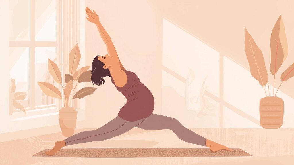 New mom performing vertical stretch postpartum for back and shoulder relief