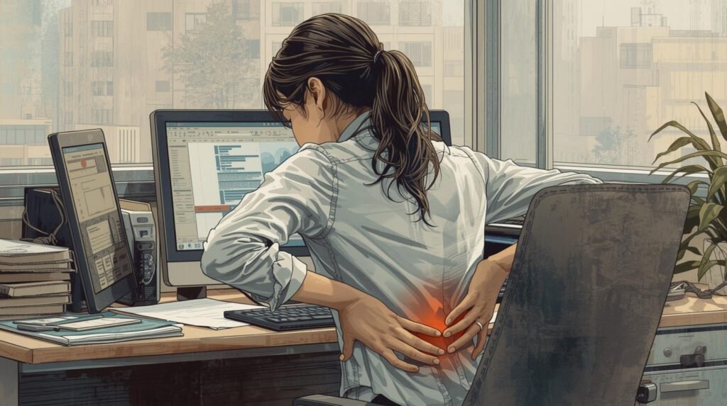 Office worker performing a vertical stretch during a work break