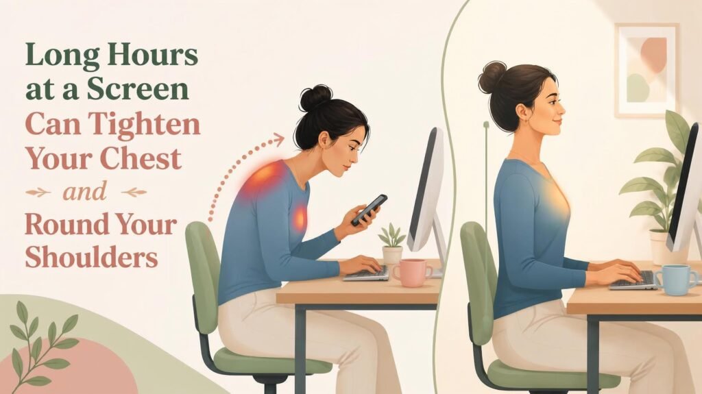 image of woman showing How to Fix Rounded Shoulders and Tech Neck: The Ultimate Desk Worker Chest Stretch Guide